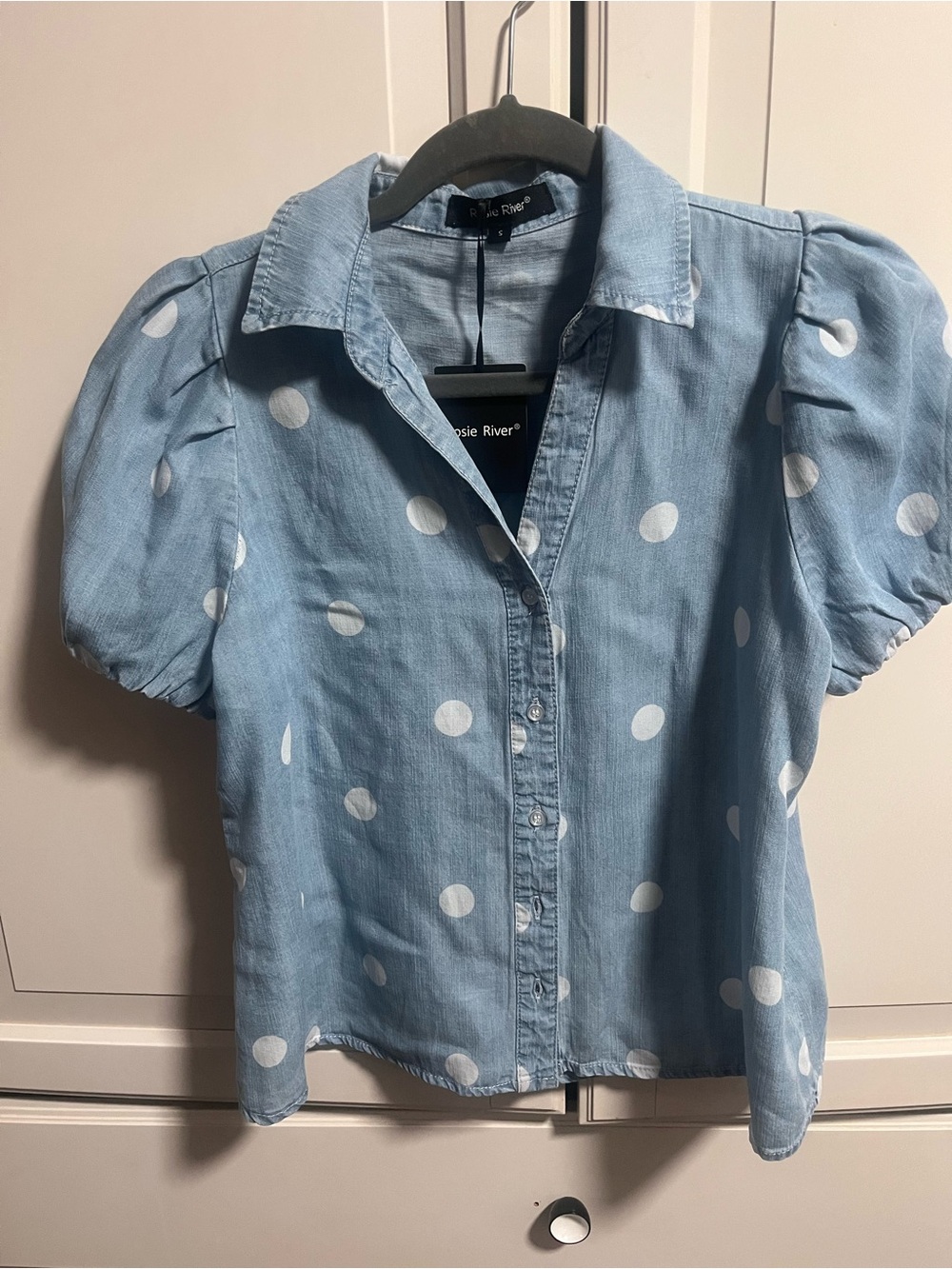 Light Blue Polka Dot Puff Sleeve Button-Up Shirt